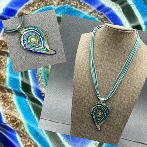 Glass Pendant Necklace Silver Paisley Leaf Swirl Wavy Green Turquoise Copper